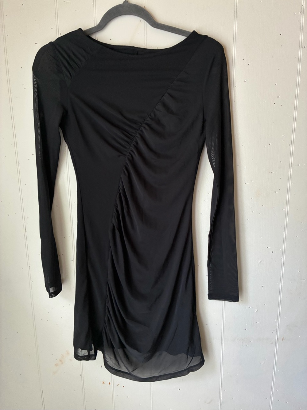 Black Halara XS Long Sleeve Ruched Sheer Hem Dress - Women's